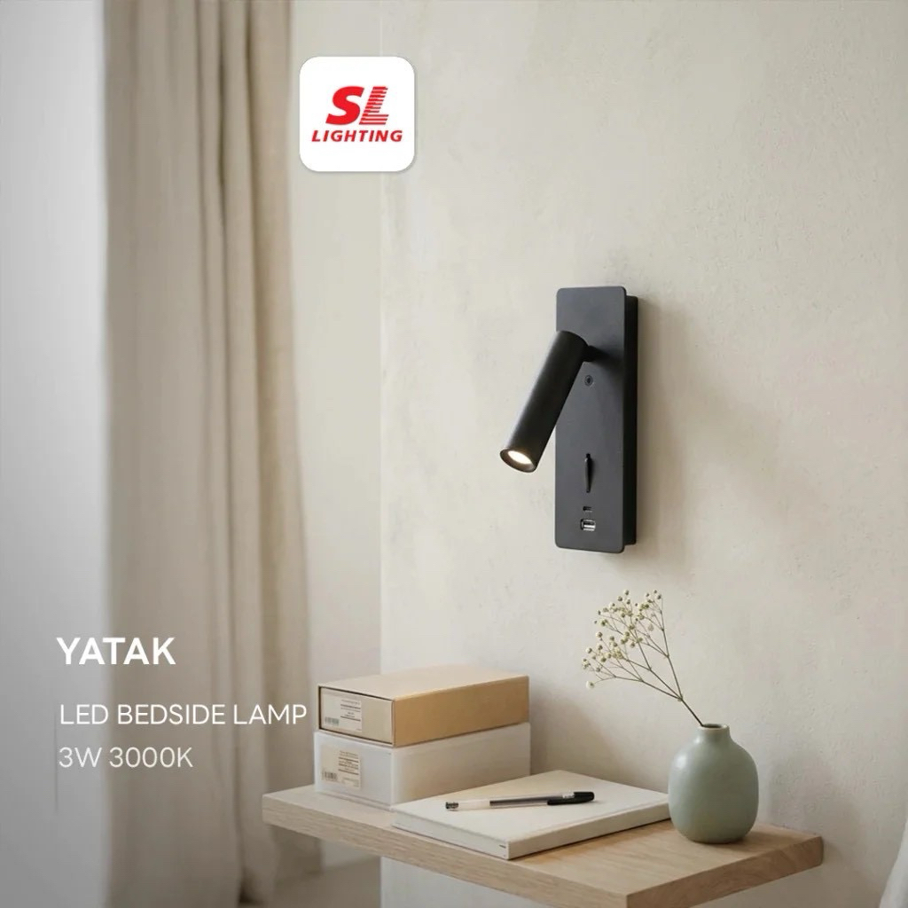 SL Lighting โคมไฟหัวเตียง โคมไฟติดผนัง LED 3W 3000K พร้อมช่องชาร์จ USB Type A + Type C รุ่น SL-7-YAT