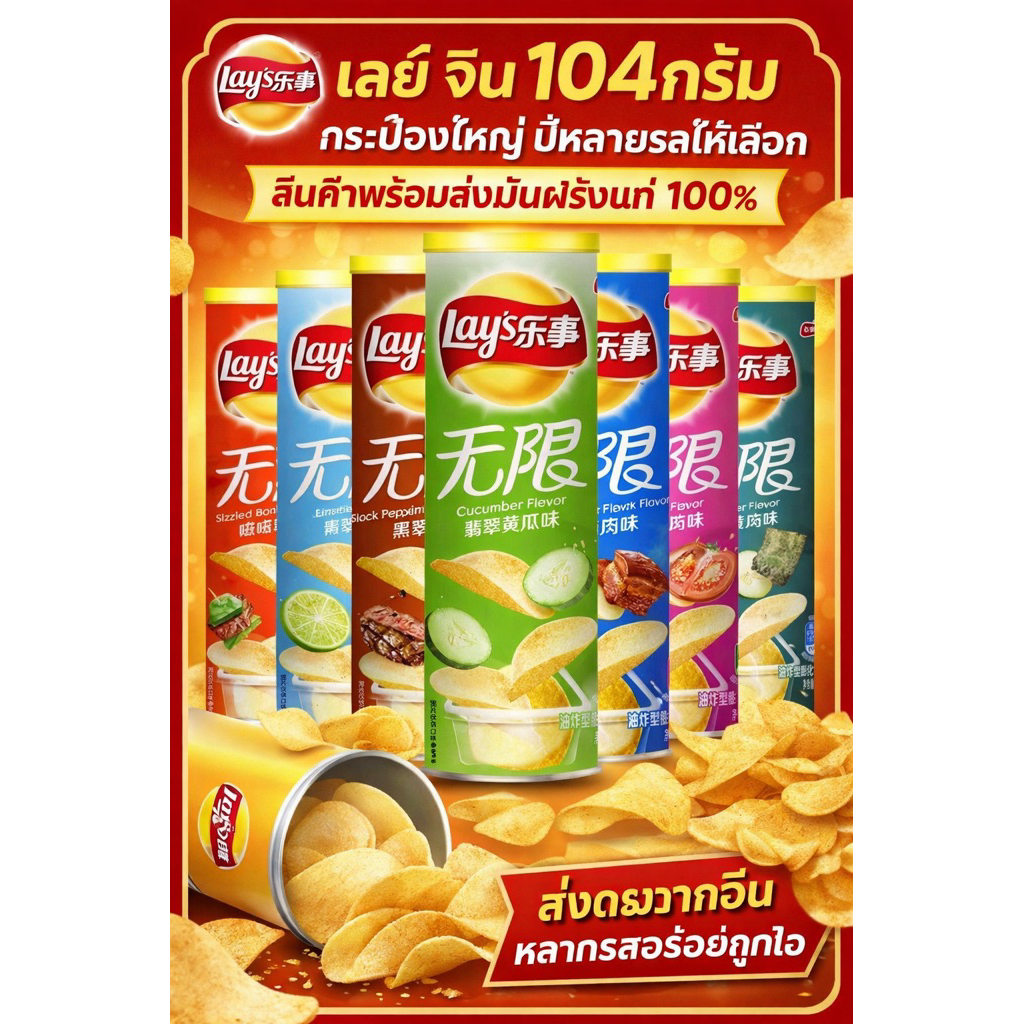 RS.M002เลย์จีนขนาด104กรัมกระป๋องใหญ่มีหลายรสให้เลือกสินค้าพร้อมส่งมันฝรั่งแท้100%