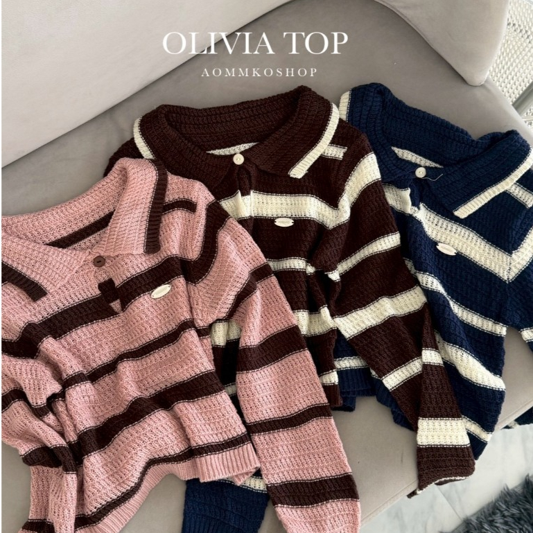 Olivia Top เสื้อไหมพรมโปโลแขนยาวลายทาง (FreeSize) ผ้าไหมพรมนุ่มนิ่มใส่สบาย แต่งงานกระดุม AOMMKOSHOP - S122