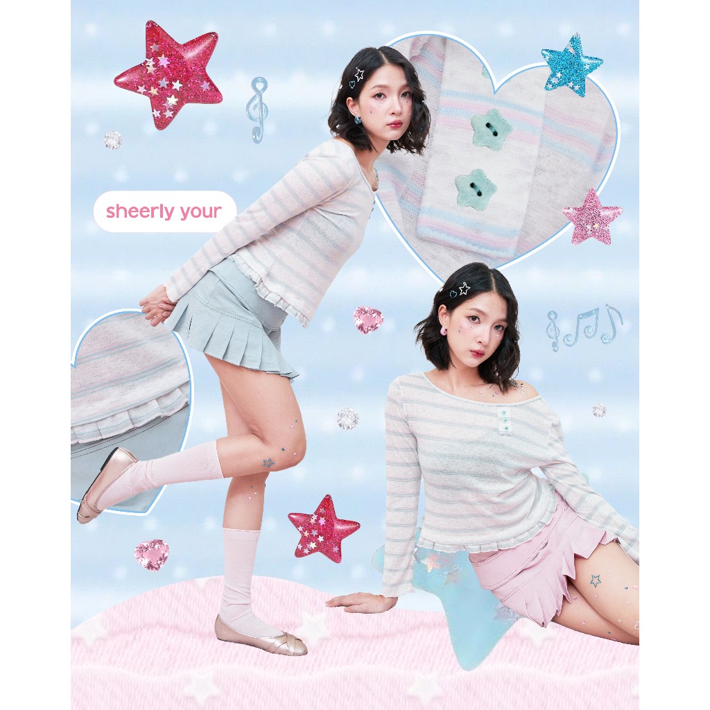 Just Kidding Goods - Sheerly yours off shoulder long sleeve เสื้อปาดไหล่ลายทางแขนยาวผ้าบาง