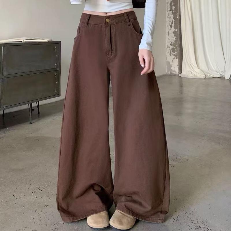 #601 (XS-9XL) jinjeans กางเกงยีนส์ขากระบอกใหญ่สีน้ำตาล ปลายขากว้าง ผ้านุ่มใส่สบาย