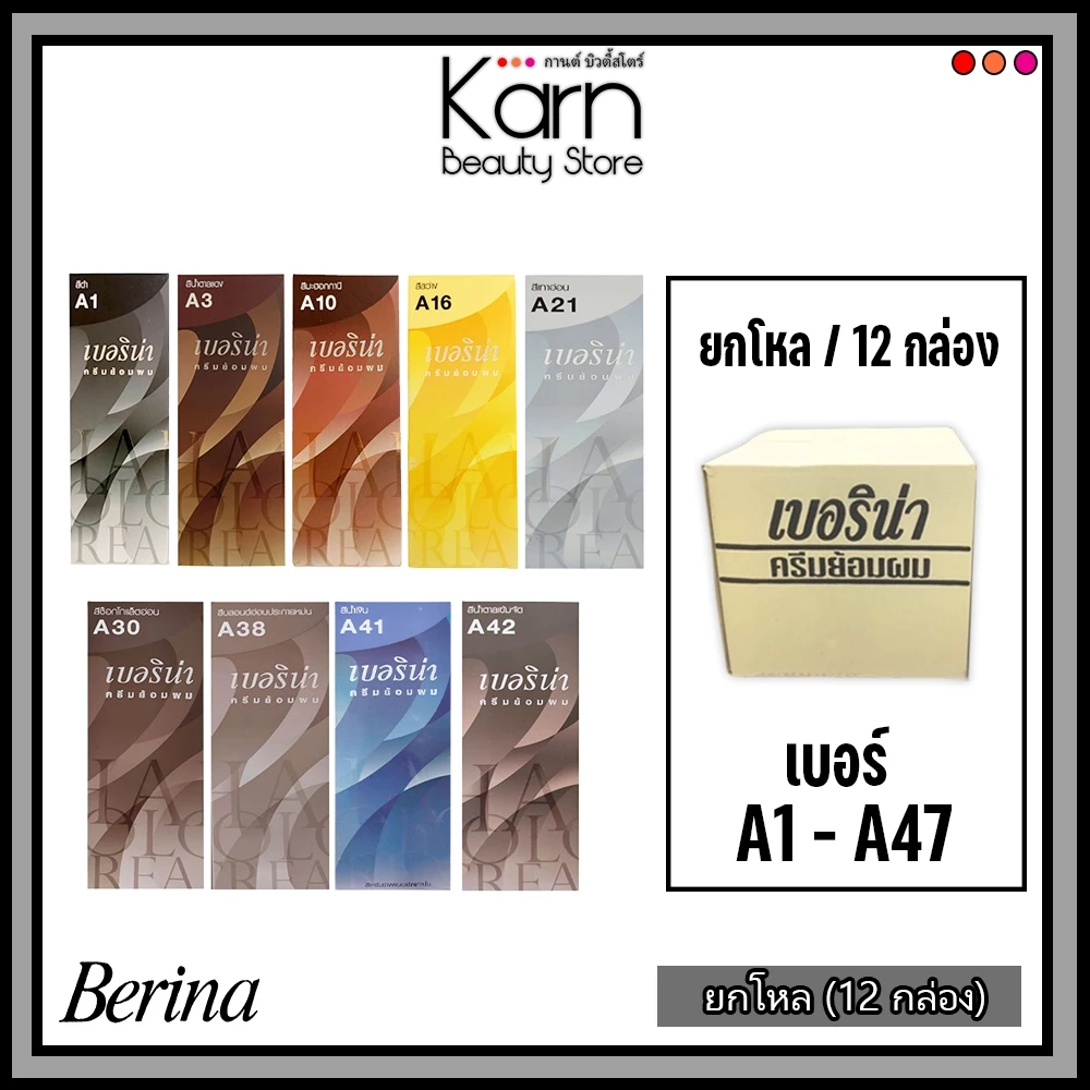 (ยกโหล/12กล่อง) Berina Hair Color Cream สีย้อมผม เบอริน่า มี 47 สีให้เลือก (1โหล/12กล่อง)