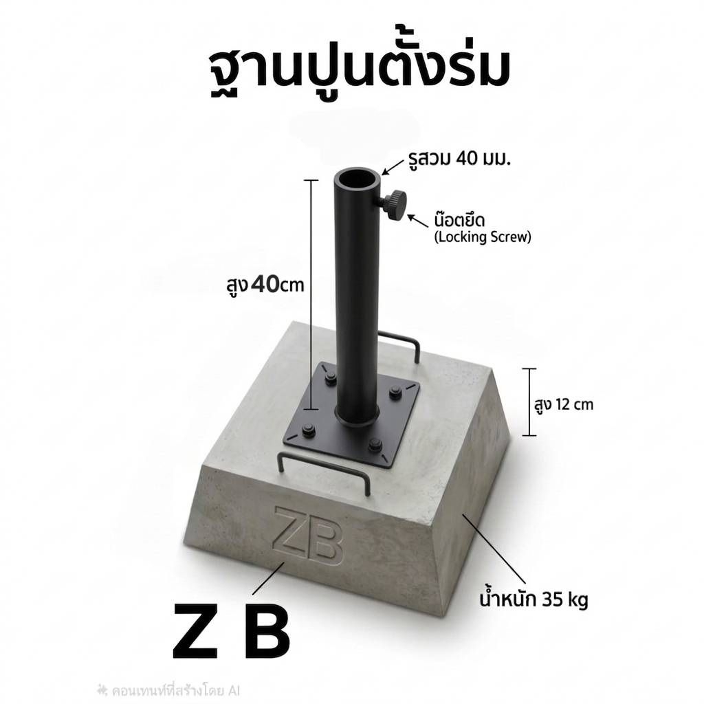 ฐานปูนตั้งร่ม นน.35กก ■หนักกว่าร้านอื่น ■มีมือจับย้ายสะดวก ■หนักมากลมพัดไม่ล้ม ฐาน[40x30x12] x เสาสูง40cm