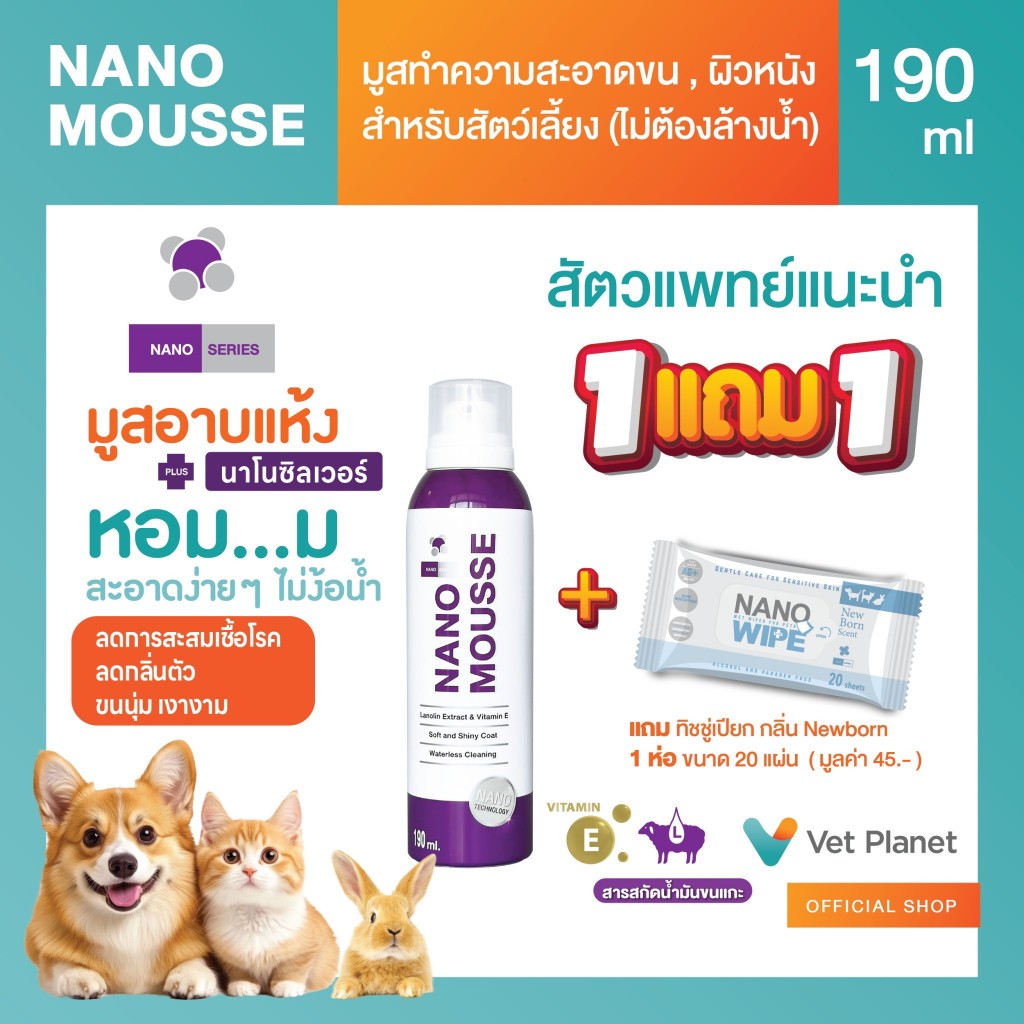 Nano Mousse แถม Nano Wipe กลิ่น Pink Blossom 20 แผ่น 1 ห่อ มูสอาบแห้ง ลดกลิ่นตัว ไม่ต้องล้างน้ำ หอม  190 ml. พร้อมส่ง