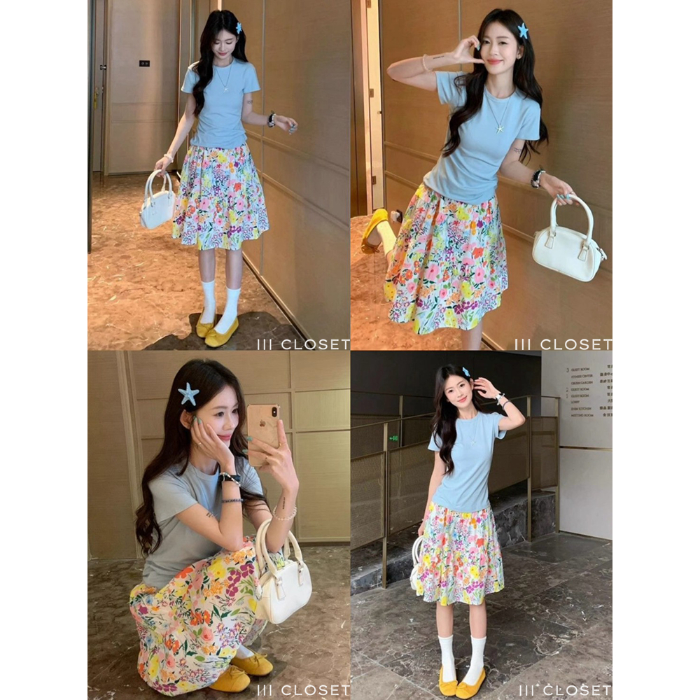 กระโปรงลายดอก lll Freesize lll IT133 กระโปรงลายดอก เอวสูง 3 ส่วน ทรงบอลลูน แต่งระบาย 3 ชั้น เอวสม็อค งานผ้าไหมอิตาลี
