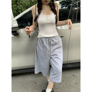 [Trendy wide leg cropped pants]วินเทจสูงถนนผู้หญิงสบาย ๆ กีฬาเทรนด์กว้างขากางเกงคาปรี