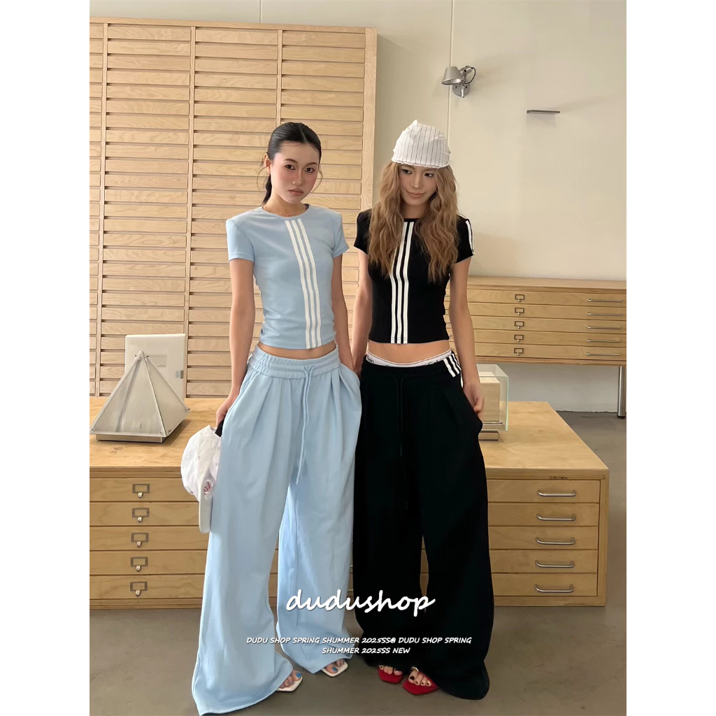 [Trendy striped two-piece set]เกาหลีรุ่นวินเทจผู้หญิงลายเสื้อยืดแขนสั้นและกางเกงลำลองขากว้าง