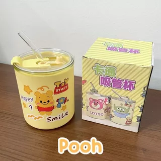 แก้วน้ำลายการ์ตูน 350 ml. มีฝาปิดกันฝุ่น กันหก พร้อมหลอดแก้ว แบบมีกล่องใส่ มอบเป็นของชำร่วย ของขวัญได้ ส่งจากไทย!!!