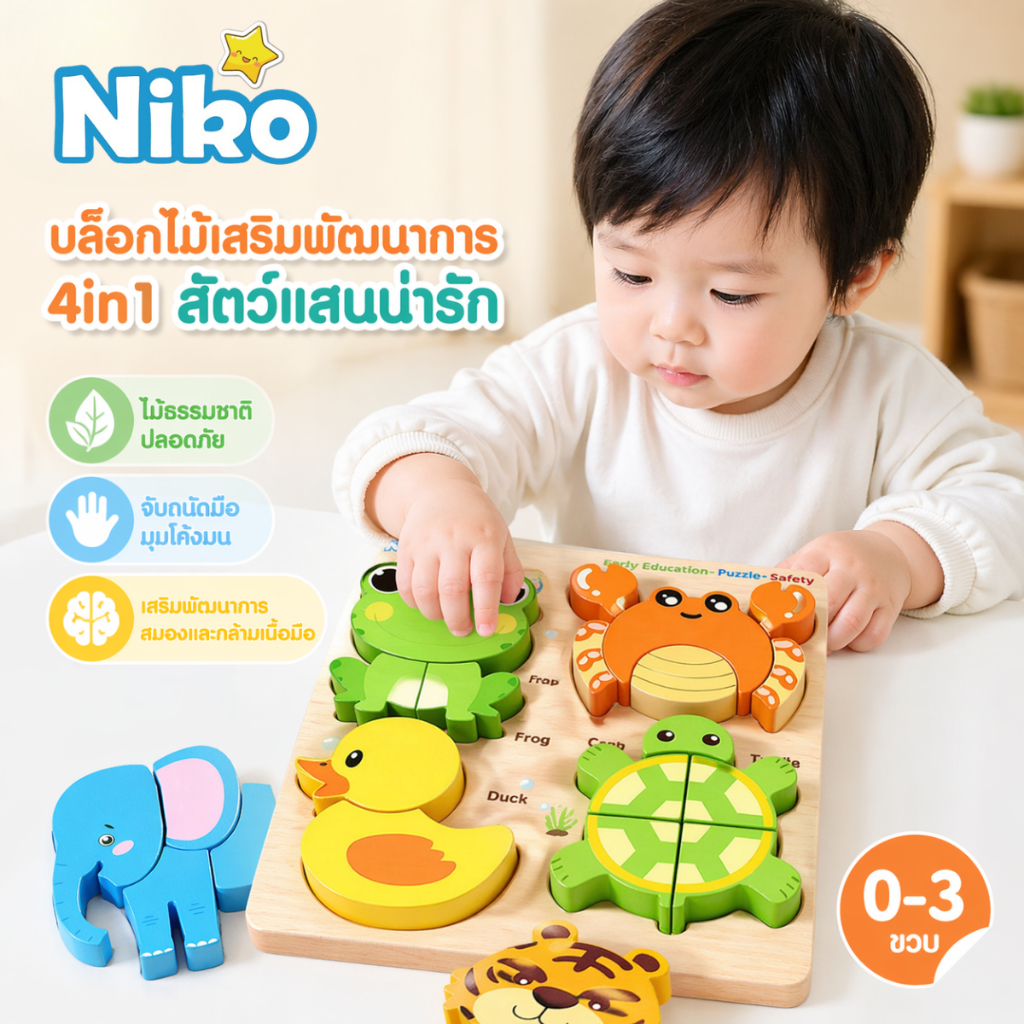 NIKO ของเล่นไม้เสริมพัฒนาการ 4in1 จิ๊กซอว์ไม้ 3D สำหรับเด็กเล็ก จับถนัดมือ มุมโค้งมน ปลอดภัย อายุ 0-3 ปี
