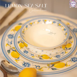Violet Flamingo จานเซรามิครุ่น Lemon Sea Salt จานลายเลมอนสีเหลืองและฟ้า เข้าไมโครเวฟได้