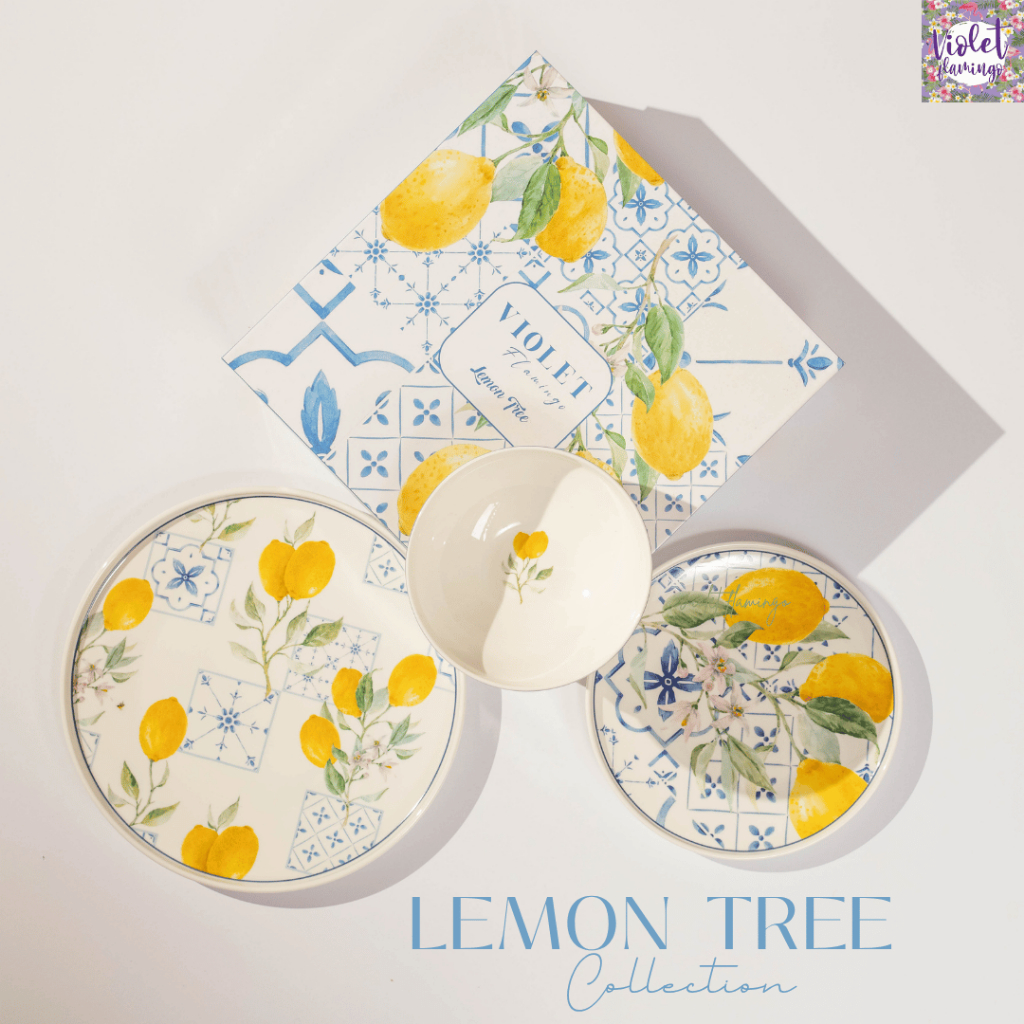 Violet Flamingo - Lemon Tree Collection เซ็ตจานชามลายต้นเลมอน จานเซรามิคพร้อมกล่องของขวัญ เข้าไมโครเวฟได้