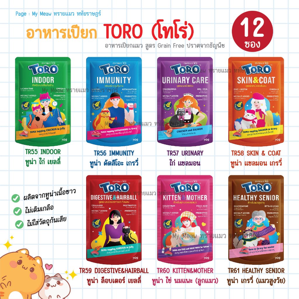 🔥 ยกโหล 12 ซอง 🔥 Toro Pouch (โทโร่) อาหารเปียกแมว บำรุงสุขภาพ สำหรับลูกแมว แมวโต และสูงวัย ขนาด 70 g