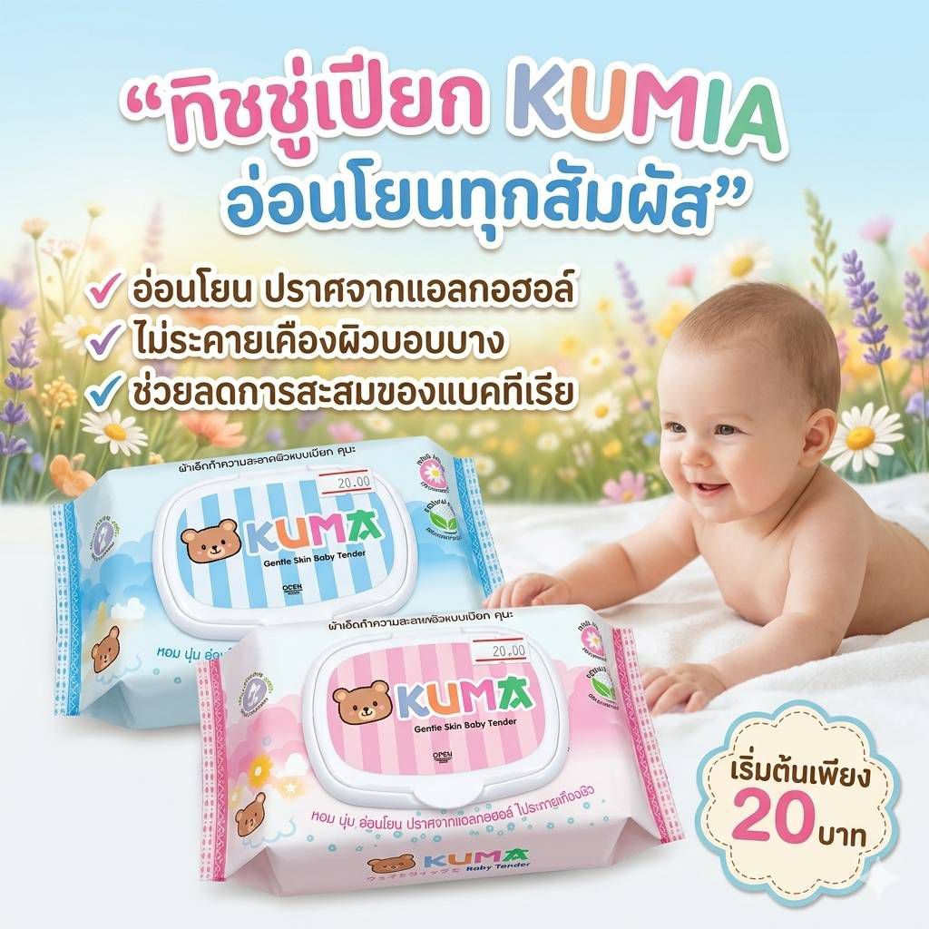 ทิชชู่เปียก wet tissue ยี่ห้อ kuma 20 บาท เลขที่จดแจ้ง 10-2-620001172