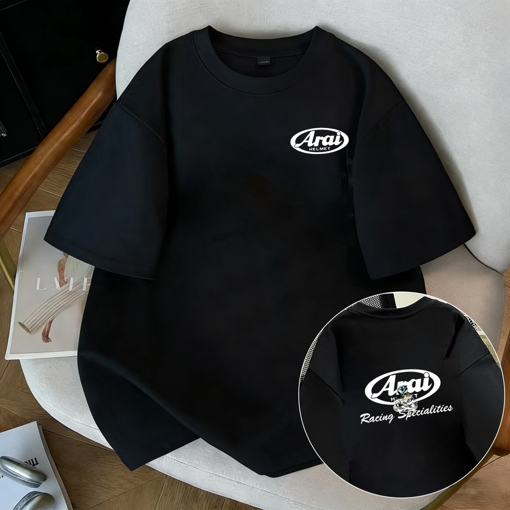 ทีเชิ้ตกราฟิก Arai Racing Specialties สำหรับผู้ชาย - สีขาว คอวี แขนสั้น โลโก้สีดำ ระบายอากาศได้ดี ขนาดปกติ