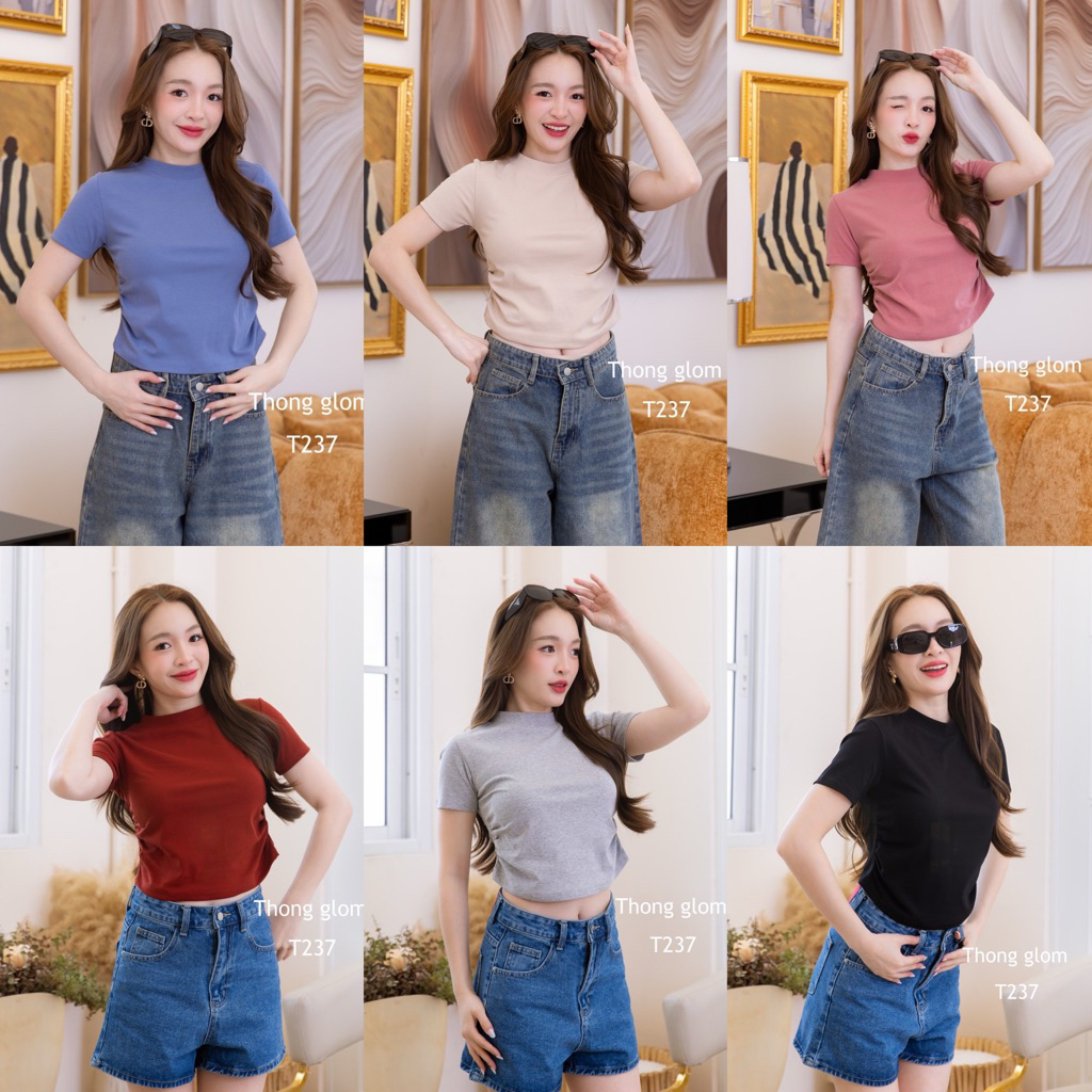 เสื้อยืดครอปย้นข้าง เนื้อผ้ายูนิโคล่ สีพื้น ใส่แล้วหุ่นเพียวThong glom