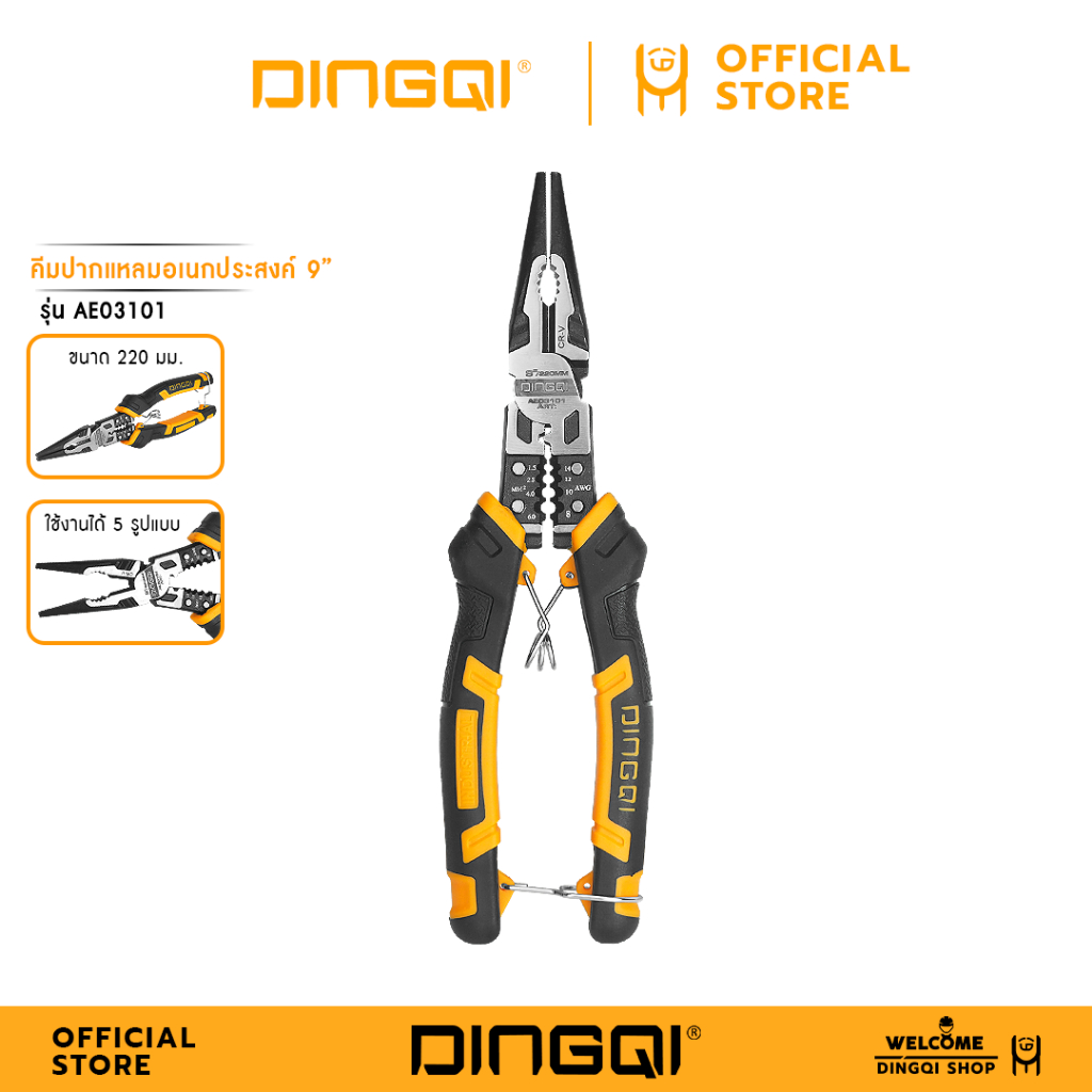 DINGQI คีมปากแหลมอเนกประสงค์ 9นิ้ว รุ่น AE03101