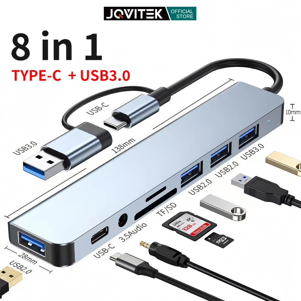JQVITEK อะแดปเตอร์ฮับ 8-in-1 Type C HUB เป็น USB 3.0+USB*4+SD/TF USB C HUB 3.5 มม อะแดปเตอร์ขยายฮับพอร์ตหลายตัว DS08