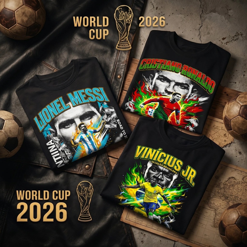 WORLD CUP 2026 CASUAL สีขาว-ดำ ผู้ชาย สตรีทแฟชั่น ลายการ์ตูน สีดําแขนสั้น คอกลม เสื้อยืด NEW YEAR OVERSIZE COOL