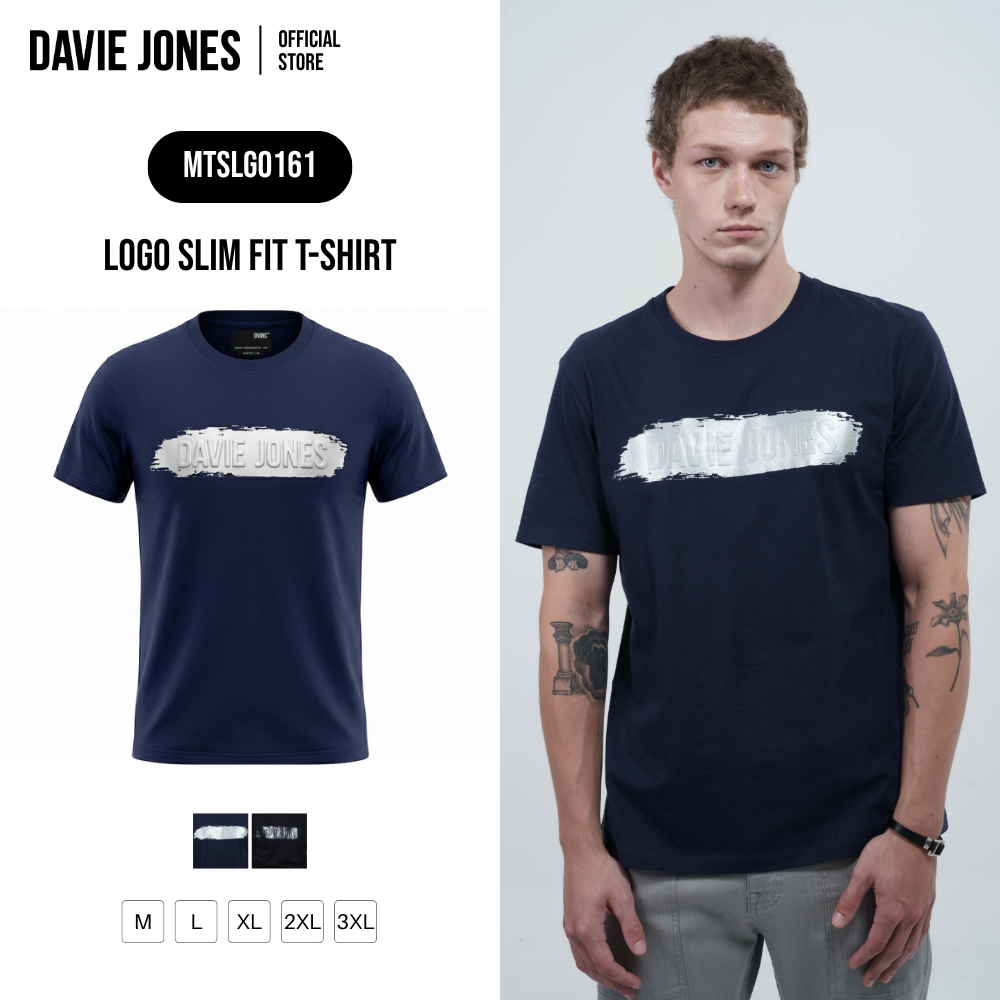 DAVIE JONES [BE FEARLESS] เสื้อยืดผู้ชาย Logo Slim Fit T-Shirt สีกรม ดำ LG0161