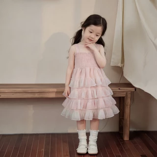 1-9 ปี ชุดเดรสลายดอกไม้สีชมพู สไตล์เกาหลี แฟชั่นฤดูร้อน กระโปรงฟูฟ่อง แขนกุด ผ้าทูลล์ ผ้าหนุ่ม ใสสบาย สำหรับเด็กผู้หญิง