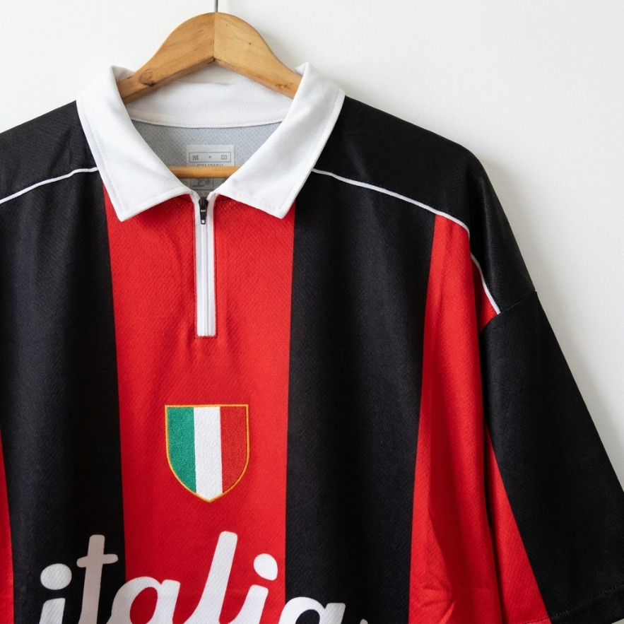 เสื้อฟุตบอล ปีศาจแดงดำ มิลาน คอปก มีซิบ สไตลด์ย้อนยุค 90's Milan OVERSIZE  ออกกำลังกาย กีฬา Sport