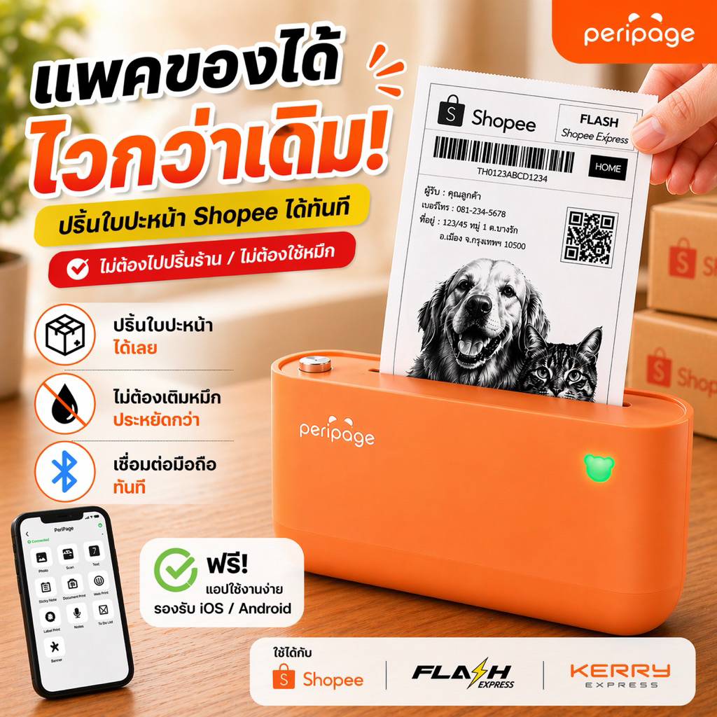 PeriPage A9 Max ปริ้นใบปะหน้า Shopee ไม่ใช้หมึก ใช้ Bluetooth