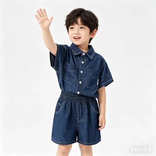 BB248 ชุดเซ็ตเด็กผู้ชาย เสื้อเชิ้ตยีนส์แขนสั้น+กางเกงขาสั้น ลุคเท่ ใส่สบาย