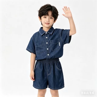 BB248 ชุดเซ็ตเด็กผู้ชาย เสื้อเชิ้ตยีนส์แขนสั้น+กางเกงขาสั้น ลุคเท่ ใส่สบาย