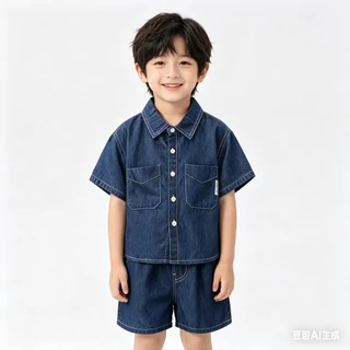 BB248 ชุดเซ็ตเด็กผู้ชาย เสื้อเชิ้ตยีนส์แขนสั้น+กางเกงขาสั้น ลุคเท่ ใส่สบาย