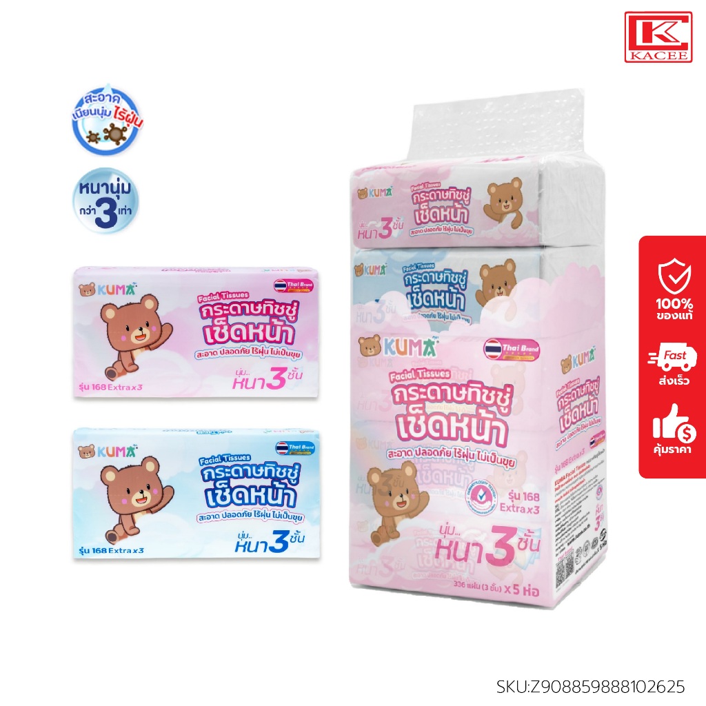 KUMA คุมะ กระดาษทิชชู่ เช็ดหน้า หนา 3 ชั้น 336 แผ่น คละสี  ซึมซับดี ไม่เป็นขุย(2)