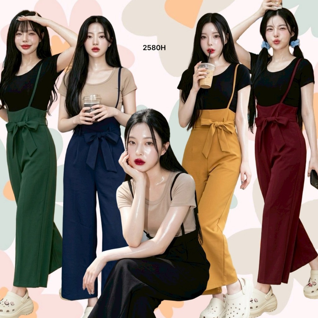 CS2580  Set 2 ชิ้น เสื้อยืด+เอี้ยมเอวสูงขายาว ผูกโบว์  Set 2 pieces. T-shirt + high waist bib, long 