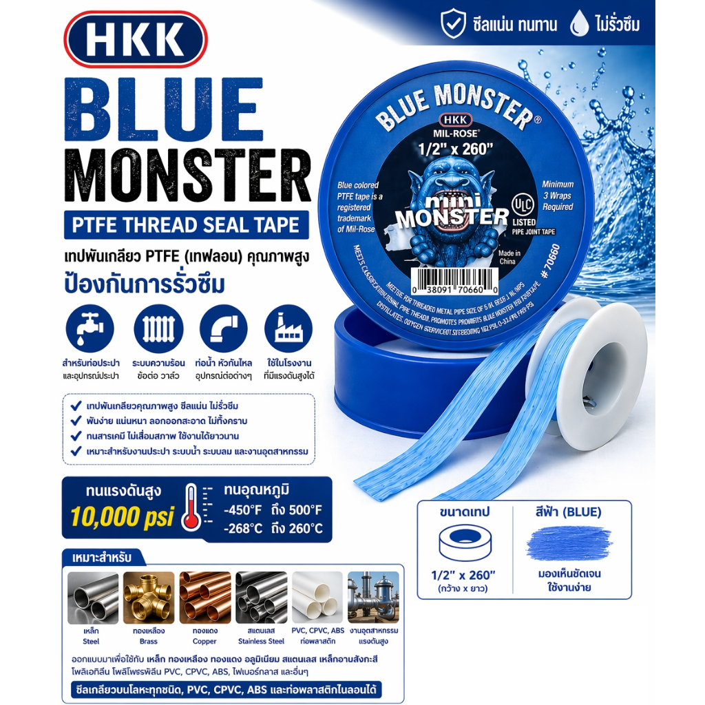 BLUE MONSTER PTFE Thread Tape เทปพันเกลียว แรงดันสูง