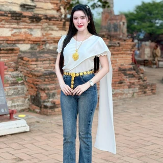 สินค้าพร้อมส่ง (เฉพาะเสื้อสไบ) เสื้อสไบประยุคสำเร็จรูป ผ้าวูลเวฟ แขนตุ๊กตา ใส่แมท งานบุญ งานบวช งานเทศกาล A7664