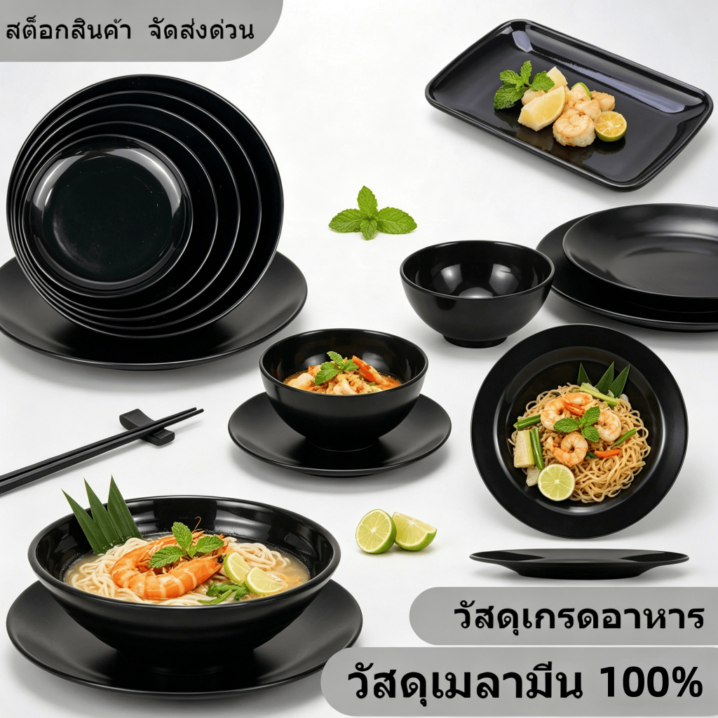 ชุดชามจานเมลามีนสองสี จานกลางจานใส่อาหาร ชามข้าว ชามก๋วยเตี๋ยวชามของหวาน สำหรับร้านอาหาร มีสต็อกที่กรุงเทพฯ