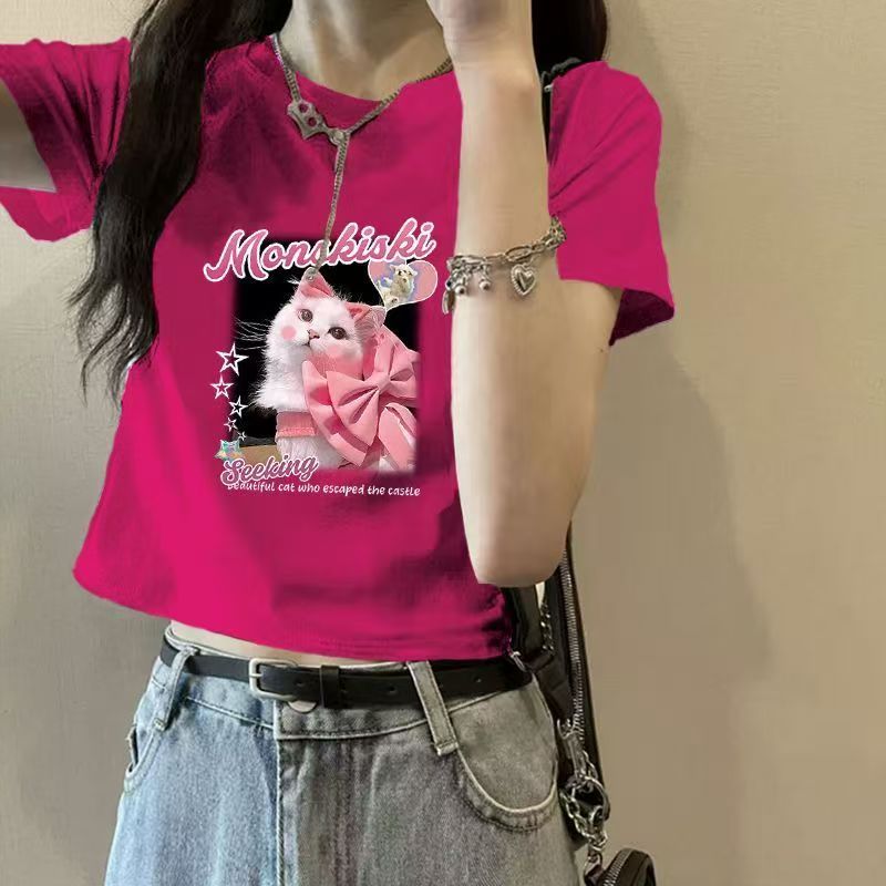 เสื้อครอปแขนสั้น สกรีนลายแมวผูกโบว์ น่ารักๆ E8019
