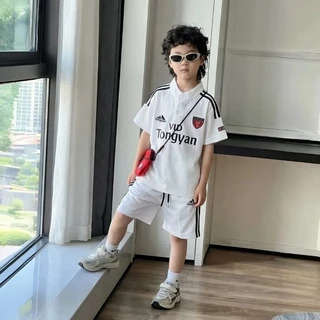 ชุดลำลองแฟชั่นสำหรับเด็ก เสื้อแขนสั้นคอตั้ง เสื้อแขนสั้น+กางเกงขาสั้น ชุดกีฬาสำหรับเด็ก ดีไซน์สไตล์เกาหลี
