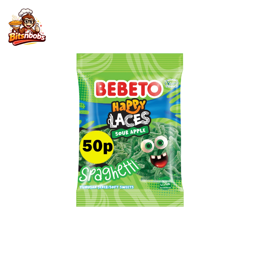 🍬🍏Bebeto Happy Laces Sour Apple 70g - เบเบโต้ เยลลี่สปาเก็ตตี้ รสแอปเปิ้ลเปรี้ยว 70กรัม🍬🍏