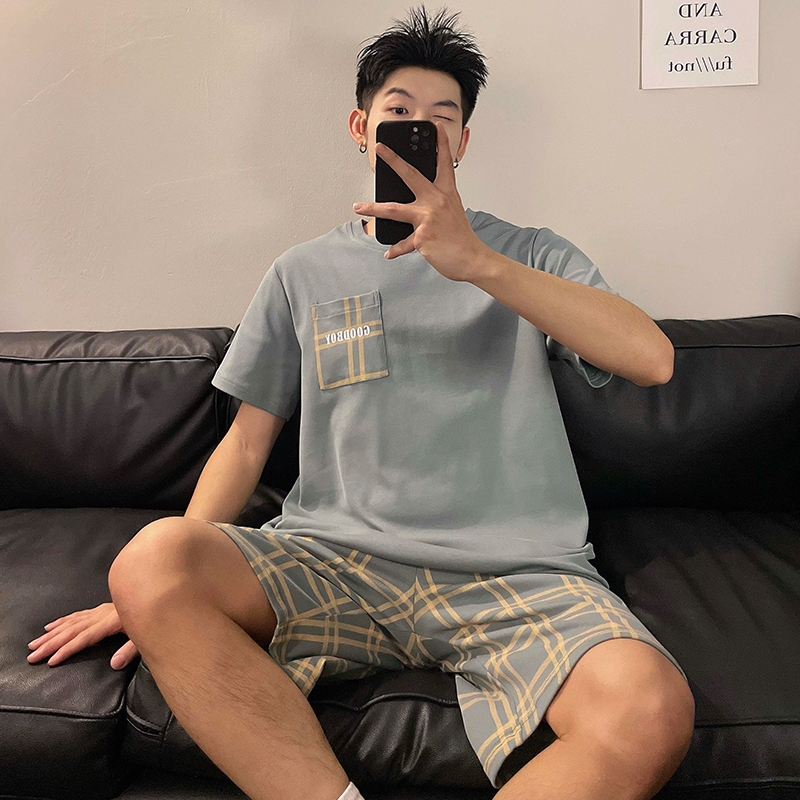 ชุดนอนผู้ชาย，เสื้อยืด+กางเกงขาสั้น，ผ้าคอตตอนทรงหลวมใส่สบาย，L~3XL,50~100KG ราคา ถูกที่สุด ดีลบีเคเค
