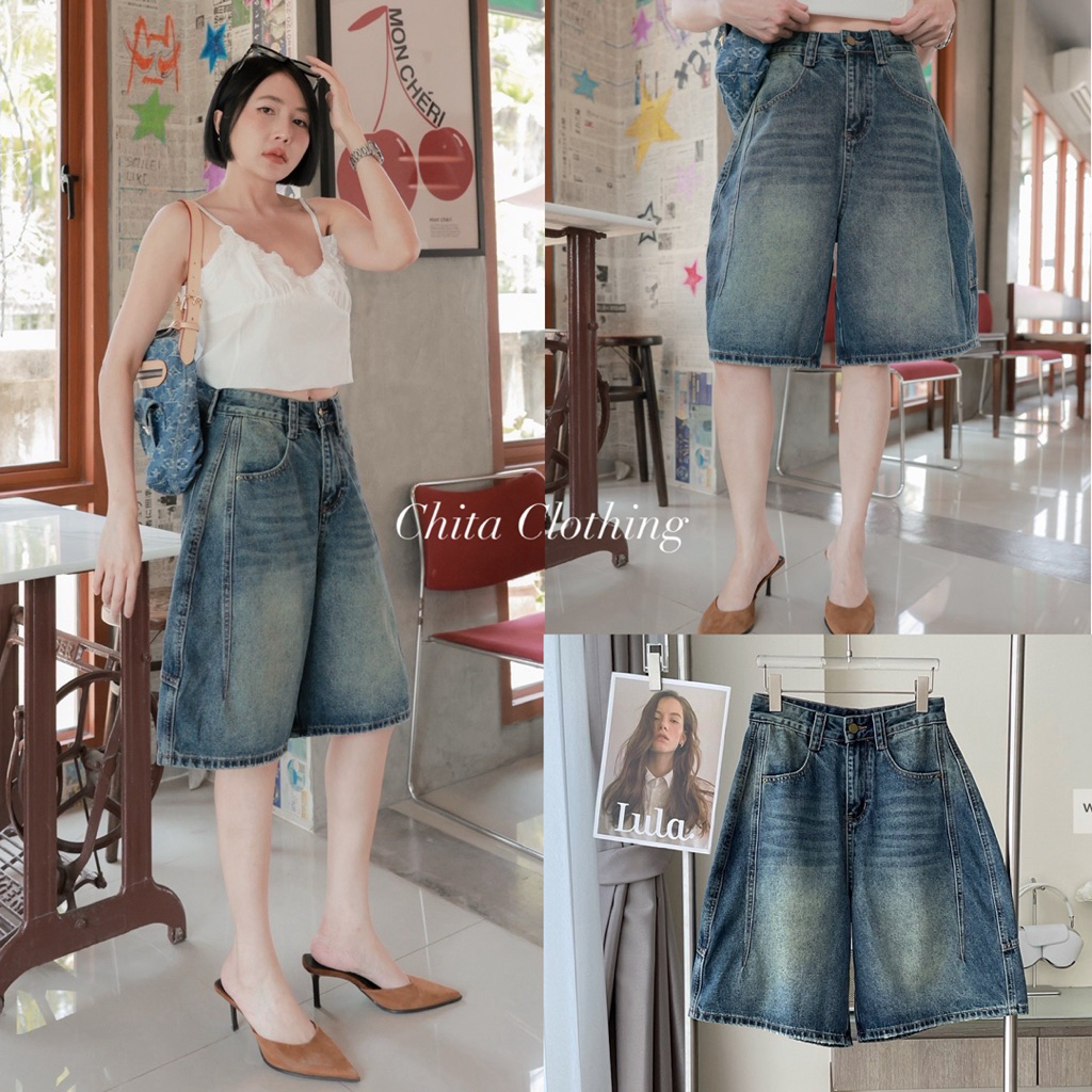 Barrel Short กางเกงยีนส์ทรงโค้งขา3 ส่วน สวยคลาสสิคใส่ง่าย แต่งตะเข็บโค้งด้านข้าง Tag Danim ราคา ถูกที่สุด ดีลบีเคเค
