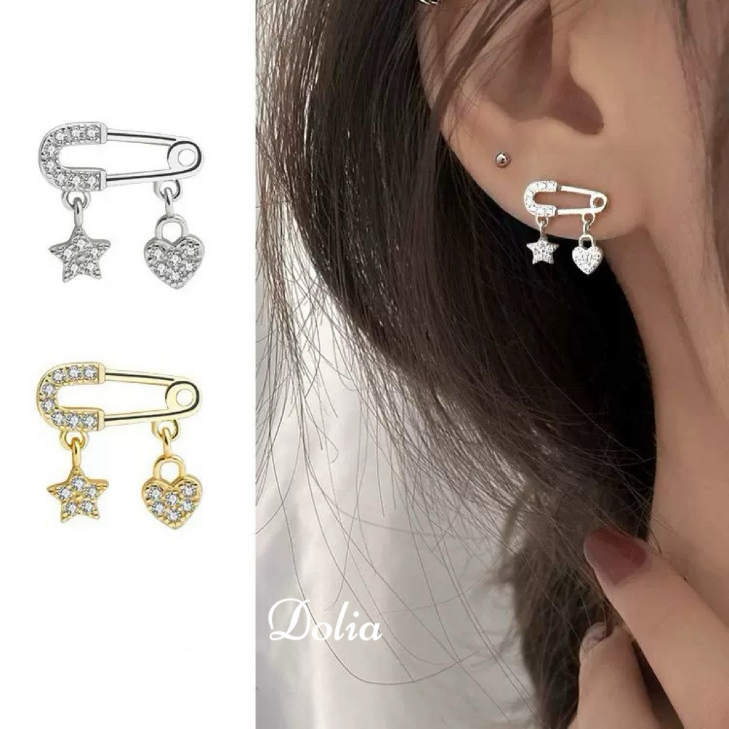 dolia พร้อมส่งจากไทย ต่างหูเงินแท้ S925 ต่างหูห่วงทรงดาวหัวใจ สไตล์เกาหลีA40