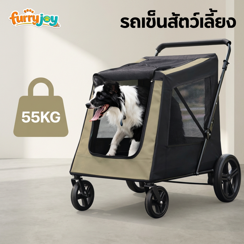 [FurryJoy] รถเข็นสุนัขไซส์ใหญ่พิเศษ รับได้ 55KG โครงสร้างเหล็กหนา พับง่ายใส่รถได้ ล้อลื่นเข็นสบาย ระบายอากาศดีเยี่ยม