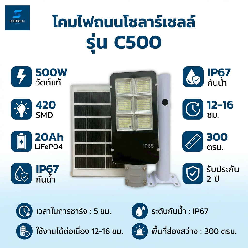 (C500) ไฟถนนโซล่าเซลล์ 500W (วัตต์แท้💯) สว่างยันเช้า แผงโซลาร์เซลล์ชนิด Monocrystalline ประสิทธิภาพส
