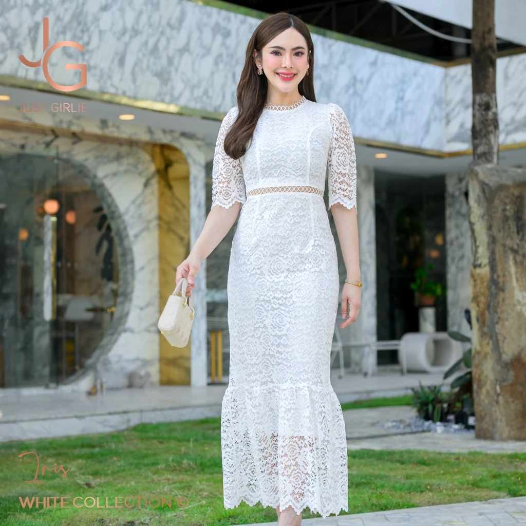 🤍🩷Dress Iris เดรสลูกไม้ยาว ทรงเรียบหรู ดีไซน์กระโปรงหางปลา สวยดูดี เดรสออกงานผู้หญิง งานบุญ งานแต่ง พร้อมส่ง S M L XL