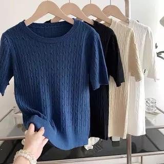 LITTLEMOM เสื้อยืดคอกลมแขนสั้นลายเปีย ถักเกลียว สำหรับผู้หญิง มี 2 ไซส์ รุ่น YUED