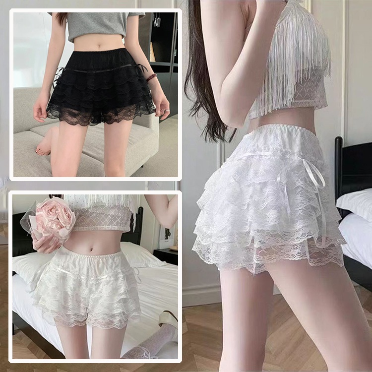 🎀แฟชั่นเสื้อผ้าสตรี กางเกงขาสั้น 🎀เงสม๊อคยืด สีพื้น ดีเทลลูกไม้ เอวยางยืด แต่งชั้นๆ ผ้าใส่สบาย ใส่สบาย ทรงสวย#078