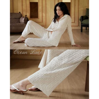 knitCircle - OCEAN LACE knit Trousers(2สี) กางเกงขายาวไหมพรม ผ้าถักลายริบแนวตั้งเท็กซ์เจอร์ชัด ทรงขากว้างปล่อยตรง