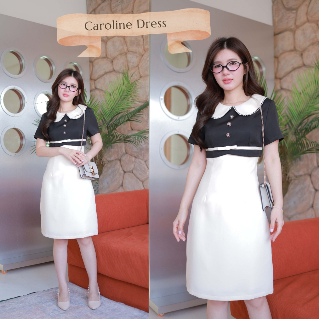 "Romi"Oil" Caroline Dress K391 ชุดเดรสปกสีครีม (คอบัวแต่งกระดุมหน้าแต่งโบว์ที่เอว)