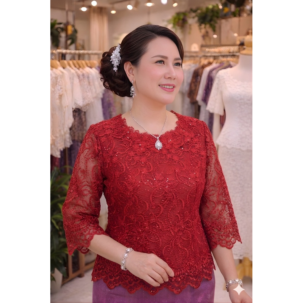 เสื้อลูกไม้ใยบวบเกรดพรีเมี่ยมใส่ออกงานสวยเด่นคอกลมแขนสามส่วนซิปข้าง