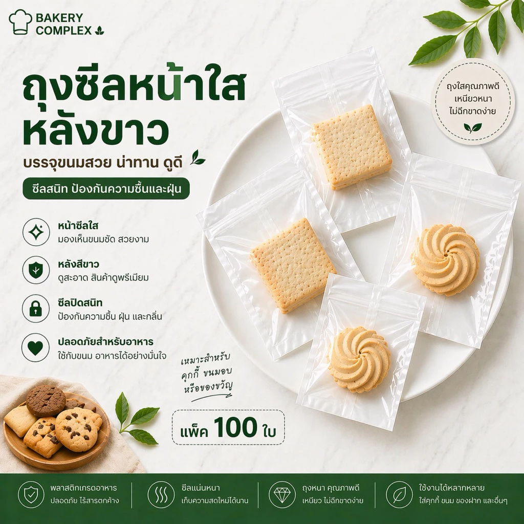 🚚ส่งฟรี ส่งทุกวัน🔥 ถุงซีลหน้าใสหลังขาว ซองซีลขนม คุกกี้ เบเกอรี่ ซีลแน่น กันชื้น Food Grade ใส่ขนมสวย (100 ใบ)