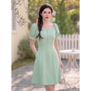 [พร้อมส่ง]Judy dress เดรสดึงยางไหล่เเขนสั้นเเต่งกระดุม ป้าย VERA ชุดไปงานแต่ง ชุดไปคาเฟ่ by Lamoon apparel